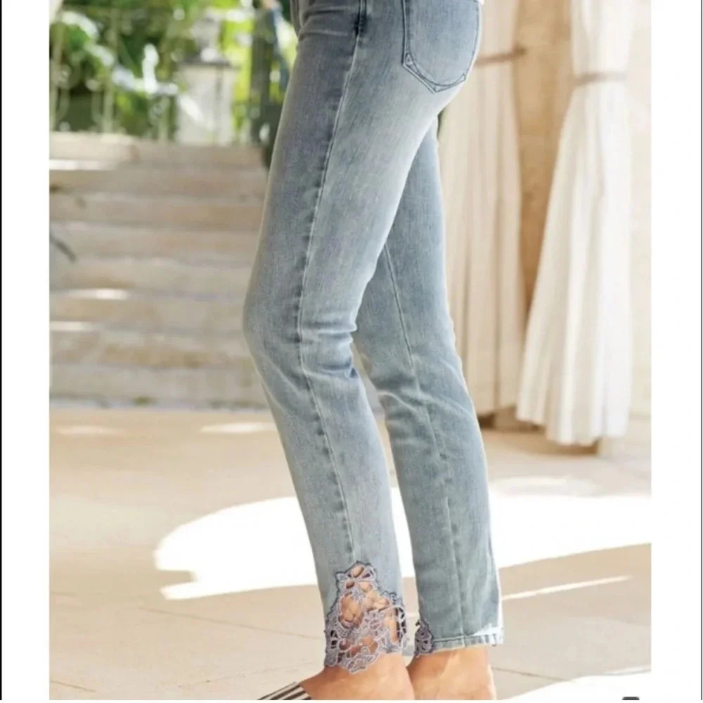 Soft Surroundings Light Blue Boyfriend Jeans with Lace Trim